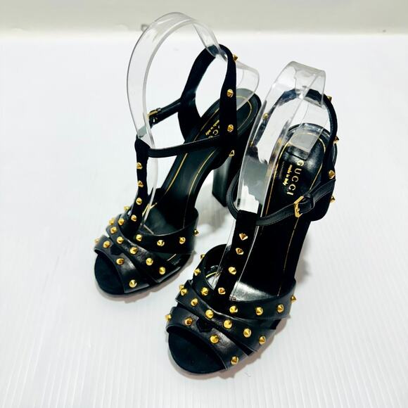 Gucci Sandals 37 /US 7 Black Suede Leather Gold Studded T-Strap High Heel - Picture 2 of 10